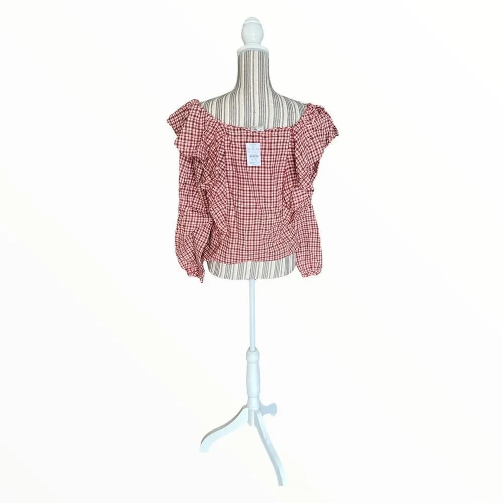 J CREW FACTORY | Dusty Ivory Brick Red | FLANNEL SQUARENECK RUFFLE TOP - Picture 9 of 11